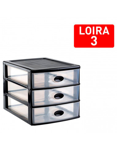 Tradineur - Cajonera de plástico de sobremesa "Loira", 3 cajones transparentes, torre almacenaje multiusos, oficina, baño (Negro