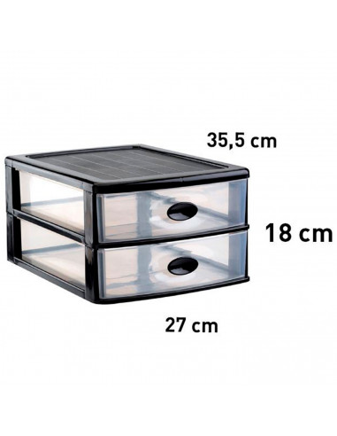 Tradineur - Cajonera de sobremesa "Loira", plástico, 2 cajones transparentes, torre almacenaje multiusos, oficina, baño (Negro,