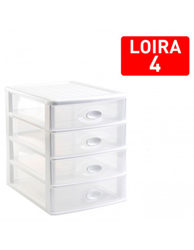 Tradineur - Cajonera de sobremesa "Loira" de plástico, 4 cajones transparentes, torre almacenaje multiusos, oficina, baño (Blanc
