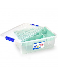 Tradineur - Caja de plástico con tapa y bandeja Nº31, transparente, cajón de almacenaje, ordenación, almacenamiento objetos, 9 l