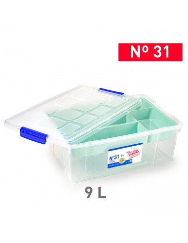 Tradineur - Caja de plástico con tapa y bandeja Nº31, transparente, cajón de almacenaje, ordenación, almacenamiento objetos, 9 l