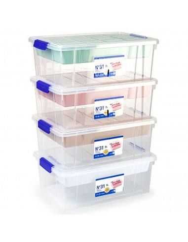 Tradineur - Caja de plástico con tapa y bandeja Nº31, transparente, cajón de almacenaje, ordenación, almacenamiento objetos, 9 l
