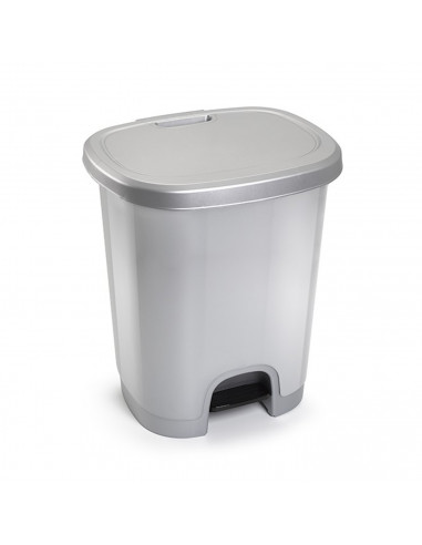 Tradineur - Cubo de basura gris 27 litros con pedal y tapa, plástico, 46,3 x 38 x 31,5 cm, papelera, cesto reciclaje, fabricado