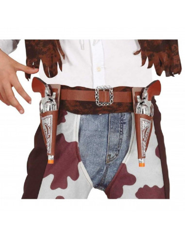 Tradineur - Cartuchera con pistolas - Fabricado en plástico y cuero - Complemento para disfraces de vaqueros, carnaval, Hallowee