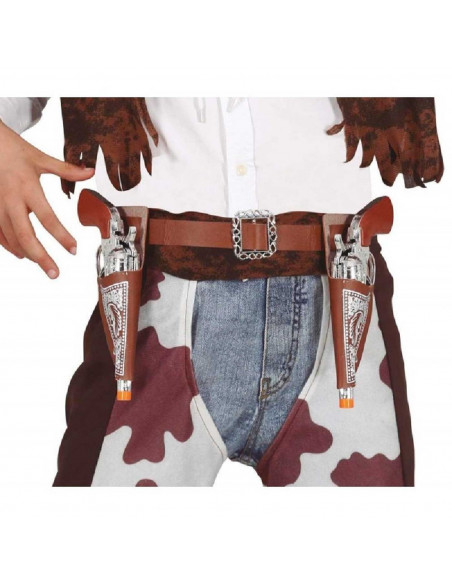 Tradineur - Cartuchera con pistolas - Fabricado en plástico y cuero - Complemento para disfraces de vaqueros, carnaval, Hallowee Tradineur - Cartuchera con pistolas - Fabricado en plástico y cuero - Complemento para disfraces de vaqueros, carnaval, Hallowee