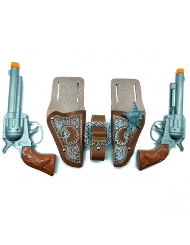 Tradineur - Cartuchera con pistolas - Fabricado en plástico y cuero - Complemento para disfraces de vaqueros, carnaval, Hallowee
