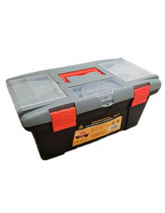 Caja de color negro y naranja de herramientas de 24,5 x 49 x 26 cm con varios compratimentos individuales. Arcón especial para b