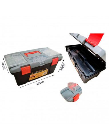 Caja de color negro y naranja de herramientas de 24,5 x 49 x 26 cm con varios compratimentos individuales. Arcón especial para b