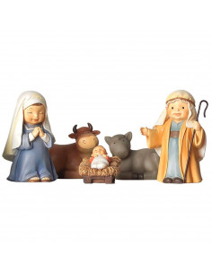 Tradineur - Set de 5 figuras del nacimiento Naïf para belén navideño, marmolina, José, María, niño Jesús, buey y mula, adornos,