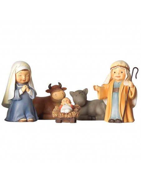 Tradineur - Set de 5 figuras del nacimiento Naïf para belén navideño, marmolina, José, María, niño Jesús, buey y mula, adornos, Tradineur - Set de 5 figuras del nacimiento Naïf para belén navideño, marmolina, José, María, niño Jesús, buey y mula, adornos,