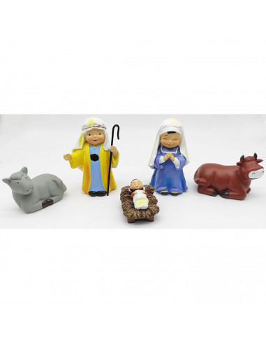Tradineur - Set de 5 figuras del nacimiento Naïf para belén navideño, marmolina, José, María, niño Jesús, buey y mula, adornos,