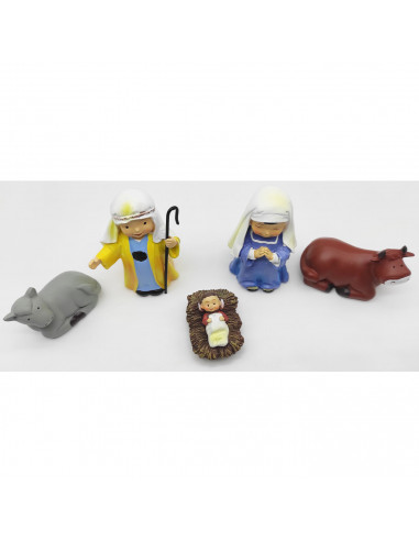 Tradineur - Set de 5 figuras del nacimiento Naïf para belén navideño, marmolina, José, María, niño Jesús, buey y mula, adornos,