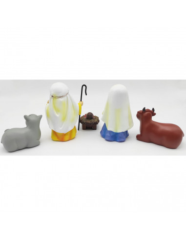 Tradineur - Set de 5 figuras del nacimiento Naïf para belén navideño, marmolina, José, María, niño Jesús, buey y mula, adornos,
