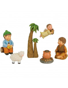 Tradineur - Set de 6 figuras anunciación Naïf para belén navideño, marmolina, 2 campesinos, ángel, palmera, oveja y fogata, deco