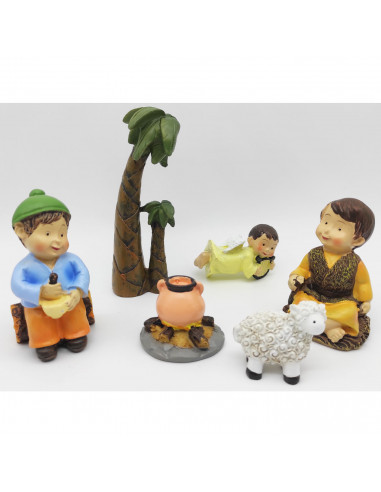 Tradineur - Set de 6 figuras anunciación Naïf para belén navideño, marmolina, 2 campesinos, ángel, palmera, oveja y fogata, deco