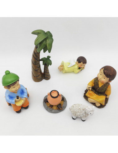 Tradineur - Set de 6 figuras anunciación Naïf para belén navideño, marmolina, 2 campesinos, ángel, palmera, oveja y fogata, deco