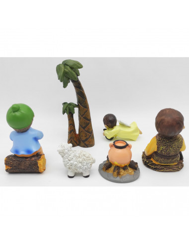 Tradineur - Set de 6 figuras anunciación Naïf para belén navideño, marmolina, 2 campesinos, ángel, palmera, oveja y fogata, deco