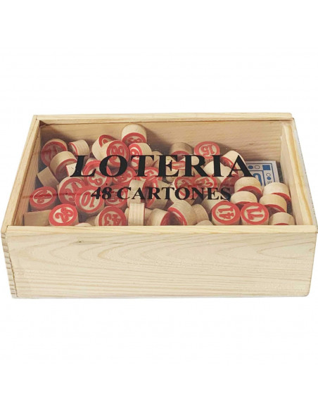 Tradineur - Juego de lotería/bingo de madera con 48 cartones y 90 fichas de números, caja y fichas de madera, juego de mesa trad