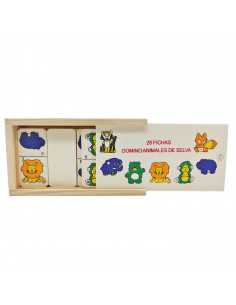 Tradineur - Dominó infantil "Animales de Selva" en caja de madera, 28 fichas, juego de mesa tradicional para niños, diversión, 1