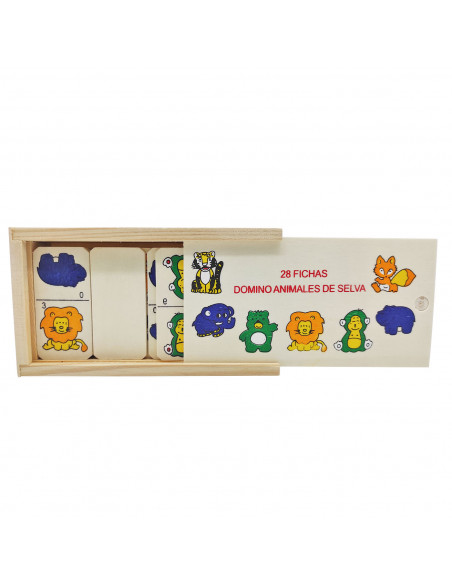Tradineur - Dominó infantil "Animales de Selva" en caja de madera, 28 fichas, juego de mesa tradicional para niños, diversión, 1 Tradineur - Dominó infantil "Animales de Selva" en caja de madera, 28 fichas, juego de mesa tradicional para niños, diversión, 1