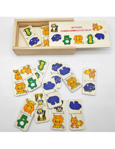 Tradineur - Dominó infantil "Animales de Selva" en caja de madera, 28 fichas, juego de mesa tradicional para niños, diversión, 1