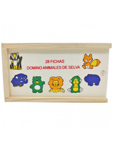Tradineur - Dominó infantil "Animales de Selva" en caja de madera, 28 fichas, juego de mesa tradicional para niños, diversión, 1