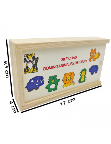 Tradineur - Dominó infantil "Animales de Selva" en caja de madera, 28 fichas, juego de mesa tradicional para niños, diversión, 1