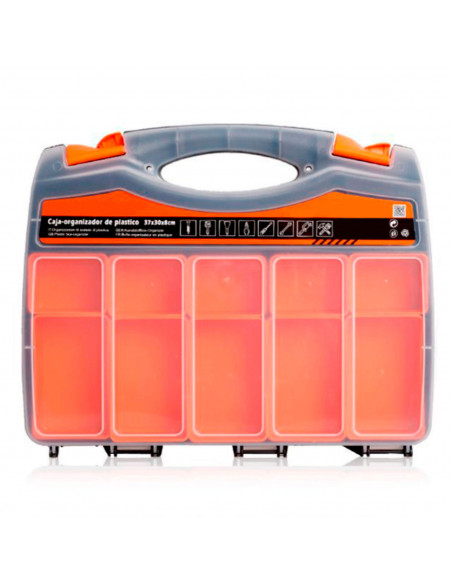Tradineur - Caja para organizar de plástico de 37 x 30 x 8 cm con 2 compartimentos y asa. Organizador de herramientas para hogar