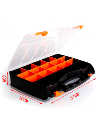 Tradineur - Caja para organizar de plástico de 37 x 30 x 8 cm con 2 compartimentos y asa. Organizador de herramientas para hogar
