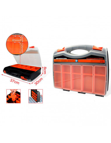 Tradineur - Caja para organizar de plástico de 37 x 30 x 8 cm con 2 compartimentos y asa. Organizador de herramientas para hogar