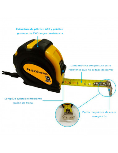 Tradineur - Cinta métrica, flexómetro profesional con punta imantada de acero, freno de seguridad y clip de sujeción para cintur