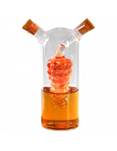Tradineur - Aceitera/Vinagrera de cristal con doble pitorro y tapones de corcho, diseño de uvas, dispensador de aliño rellenable