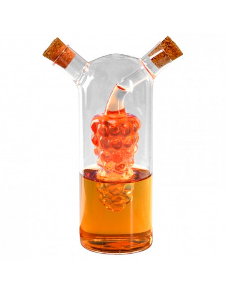 Tradineur - Aceitera/Vinagrera de cristal con doble pitorro y tapones de corcho, diseño de uvas, dispensador de aliño rellenable