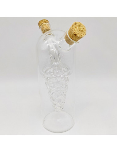 Tradineur - Aceitera/Vinagrera de cristal con doble pitorro y tapones de corcho, diseño de uvas, dispensador de aliño rellenable
