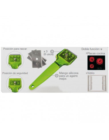 Tradineur - Rascador de vidrio y vitrocerámica, rasqueta placas inducción, incluye 3 cuchillas, mango de silicona, protector de