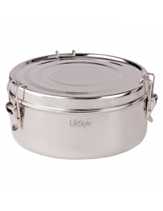 Fiambrera de acero inoxidable, de 18 cm diámetro y 10 cm de altura con 2 platos. Recipiente para almacenar comida de inox con 2