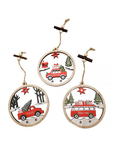 Tradineur  Adorno redondo colgante de madera, decoración navideña festiva con cuerda para puerta, árbol, pared, Ø 10,5 cm, mode