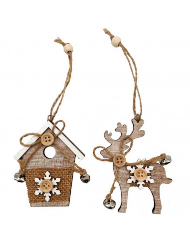 Tradineur  Adorno colgante de madera, forma de reno/casa, decoración navideña festiva con cuerda y cascabeles para puerta, árbo