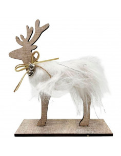 Tradineur  Figura de reno de madera con pelo de poliéster y cascabeles, decoración navideña festiva para repisas, mesas, estant
