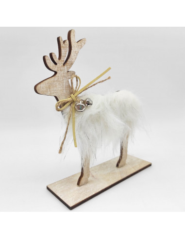 Tradineur  Figura de reno de madera con pelo de poliéster y cascabeles, decoración navideña festiva para repisas, mesas, estant