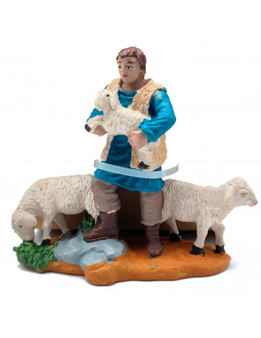 Tradineur - Figura de un pastor con corderos para belén - Fabricado en Durexina - Figuras decorativas divertidas para nacimiento