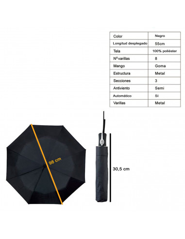 Tradineur - Paraguas plegable de caballero, 100% poliéster, apertura automática, 8 varillas metálicas, mango de goma, compacto,