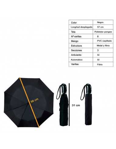 Tradineur - Paraguas plegable de caballero, poliéster pongee, antiviento, apertura automática, 8 varillas de fibra, compacto, vi