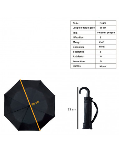 Tradineur - Paraguas de caballero plegable, poliéster pongee, antiviento, apertura automática, 8 varillas de níquel, compacto, v