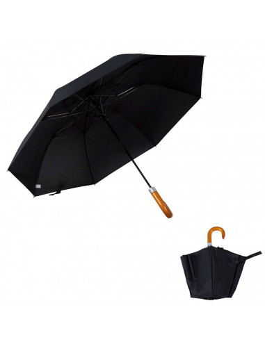 Tradineur - Paraguas de caballero plegable, mango de madera, poliéster pongee, antiviento, apertura automática, 8 varillas de fi