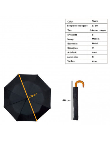 Tradineur - Paraguas de caballero plegable, mango de madera, poliéster pongee, antiviento, apertura automática, 8 varillas de fi
