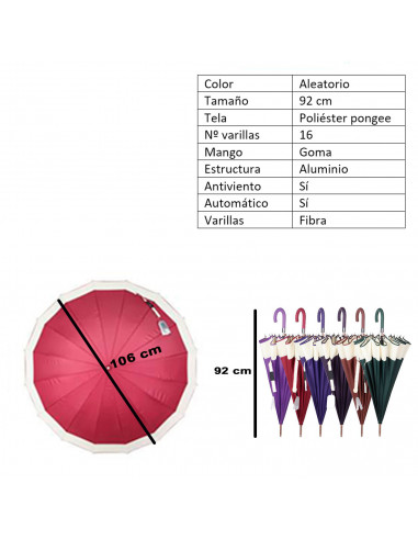 Tradineur - Paraguas largo de mujer, antiviento, 100% poliéster pongee, apertura automática, 16 varillas de fibra, mango de goma