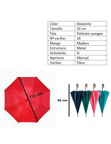 Tradineur - Paraguas largo de mujer, apertura manual, antiviento, 100% poliéster pongee, 16 varillas de fibra, mango de madera,