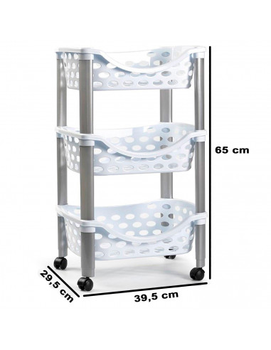 Tradineur - Carrito verdulero de plástico con 3 niveles y ruedas - PLFT Aire - Cestas apilables portaobjetos - 65 x 39,5 x 29,5