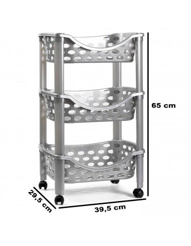 Tradineur - Carrito verdulero de plástico con 3 niveles y ruedas - PLFT Aire - Cestas apilables portaobjetos - 65 x 39,5 x 29,5